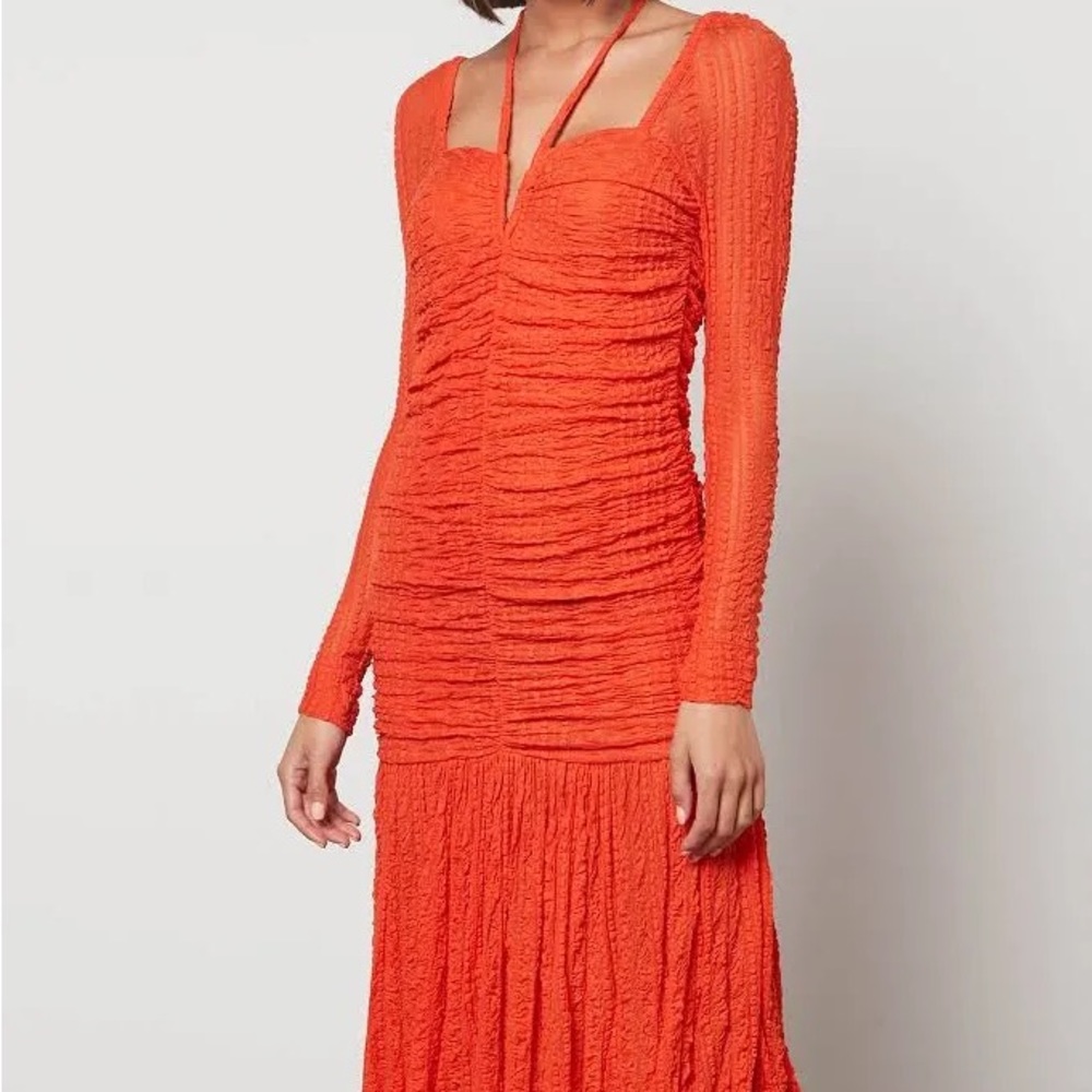 GANNI DRESS RUCHED ORANGE MIDI DRESS SIZE LARGE